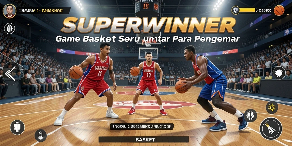 Tampilan antarmuka SUPERWINNER menampilkan aksi pertandingan basket yang mendebarkan.