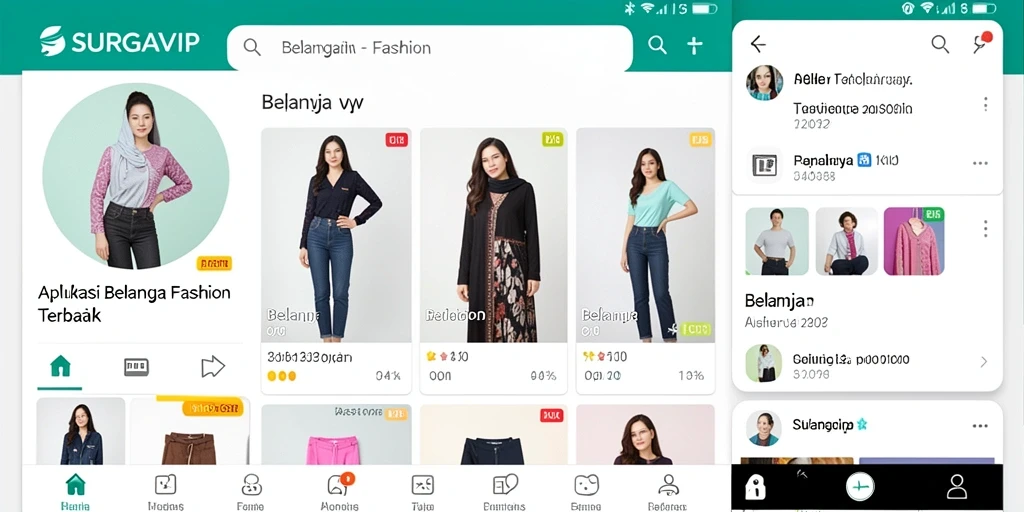 Tampilan antarmuka pengguna SURGAVIP yang modern dan menarik untuk aplikasi Fashion.
